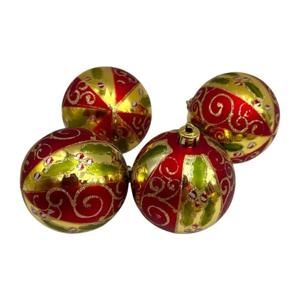 Red Gold Glitter‎ Christmas Ornaments 9 Ct Christmas Shatterproof Plastic EUC